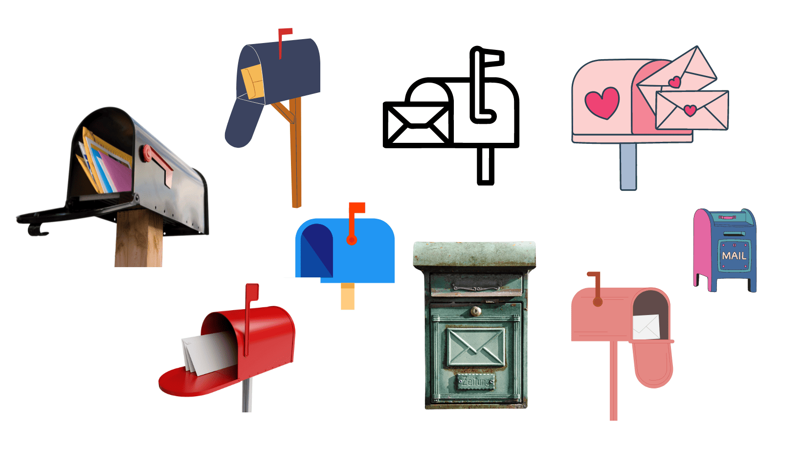 מקבץ של איורים של תיבות דואר מסוגים שונים