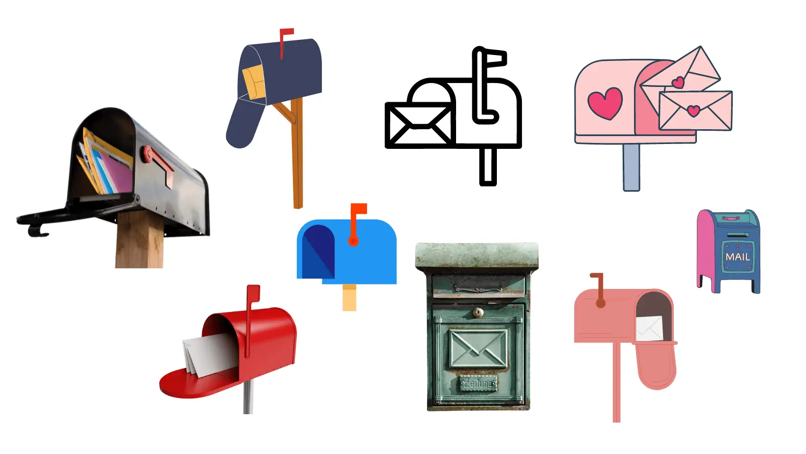 מקבץ של איורים של תיבות דואר מסוגים שונים